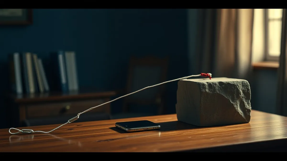 Illustration: A single white paper chain links a small smartphone on a wooden desk to a large stone pedestal.