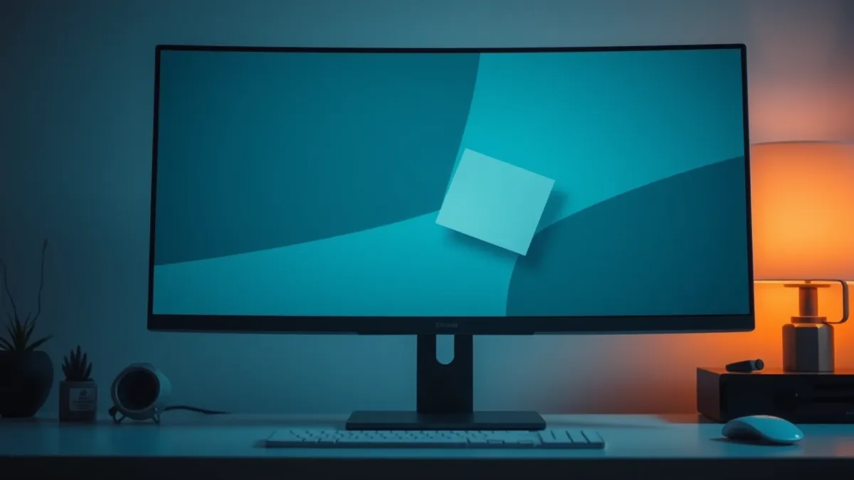 Illustration: A sleek desktop monitor sits on a minimalist desk, displaying a clean interface of soft, abstract geometric tiles in muted blue and gray tones.