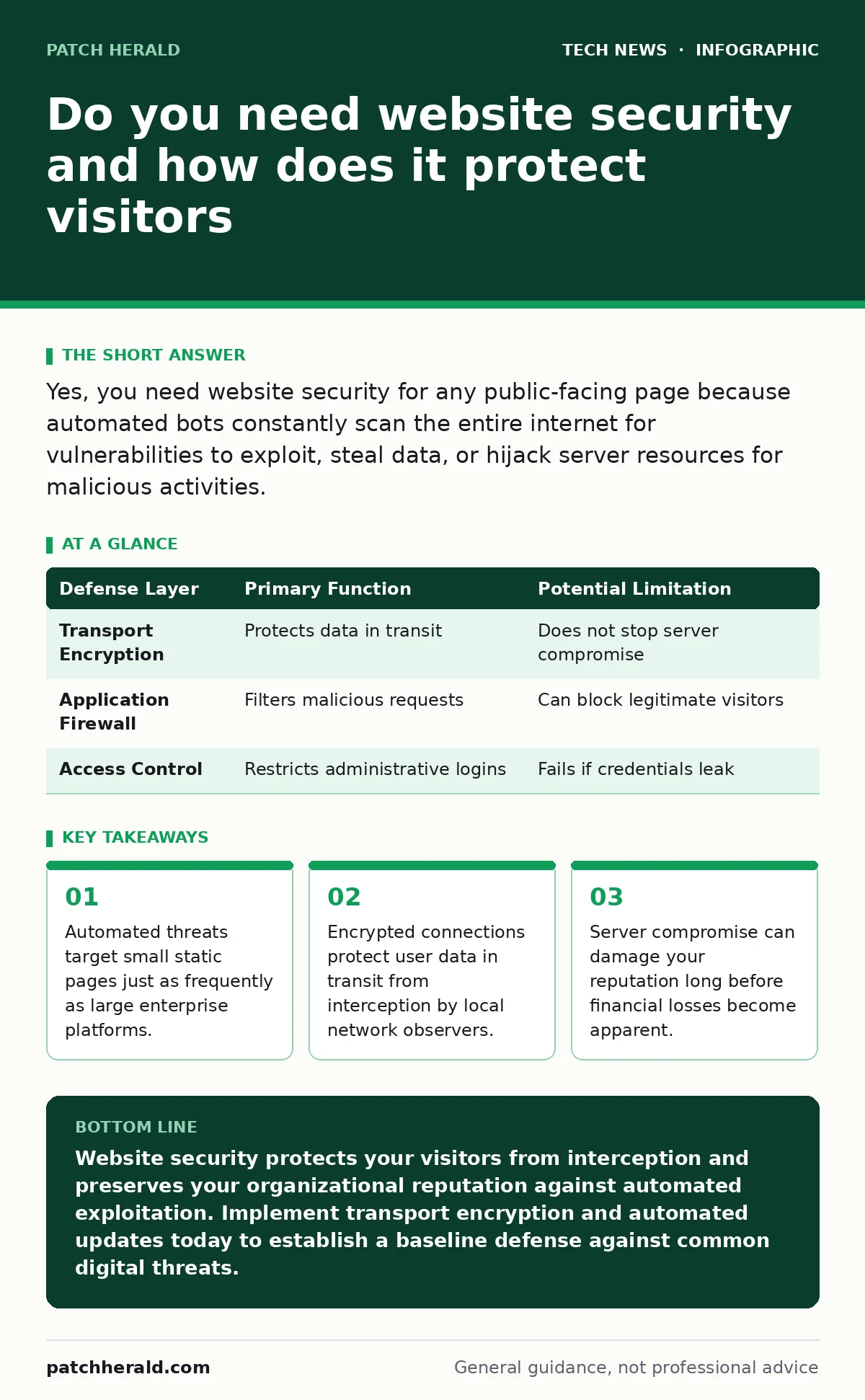 Infographic: Do you need website security and how does it protect visitors. Automated threats target small static pages just as frequently as large enterprise platforms. Encrypted connections protect user data in transit from interception by local network observers. Server compromise can damage your