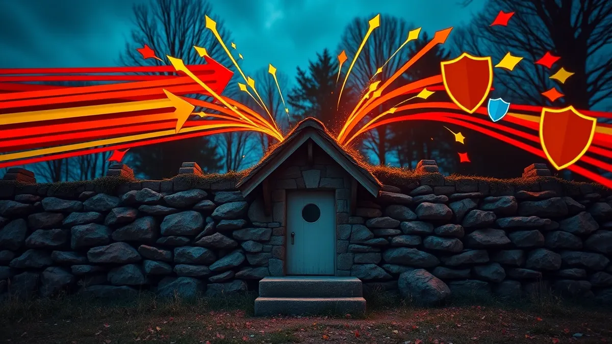 Illustration: A sturdy stone wall blocks a barrage of colorful arrows aimed at a small cottage.