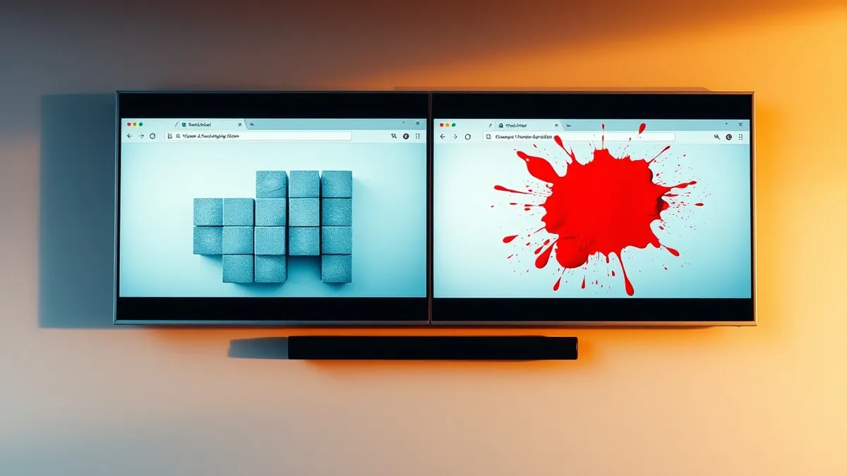 Illustration: A large wall-mounted display monitor shows two side-by-side web browser windows.
