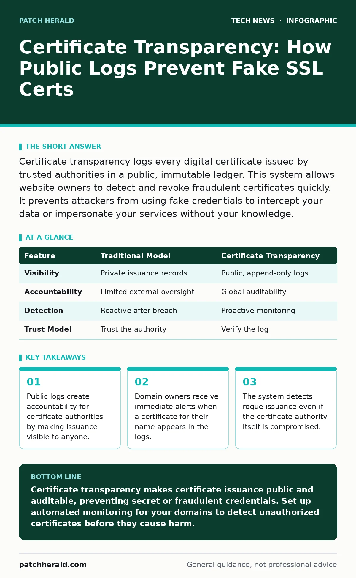 Infographic: Certificate Transparency: How Public Logs Prevent Fake SSL Certs. Public logs create accountability for certificate authorities by making issuance visible to anyone. Domain owners receive immediate alerts when a certificate for their name appears in the logs. The system detects rogue is