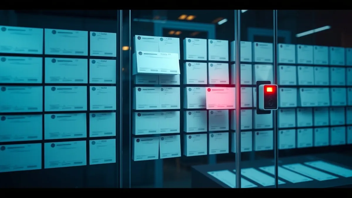 Illustration: A transparent glass wall holds a continuous spiral of blank white cards, each representing a digital certificate.
