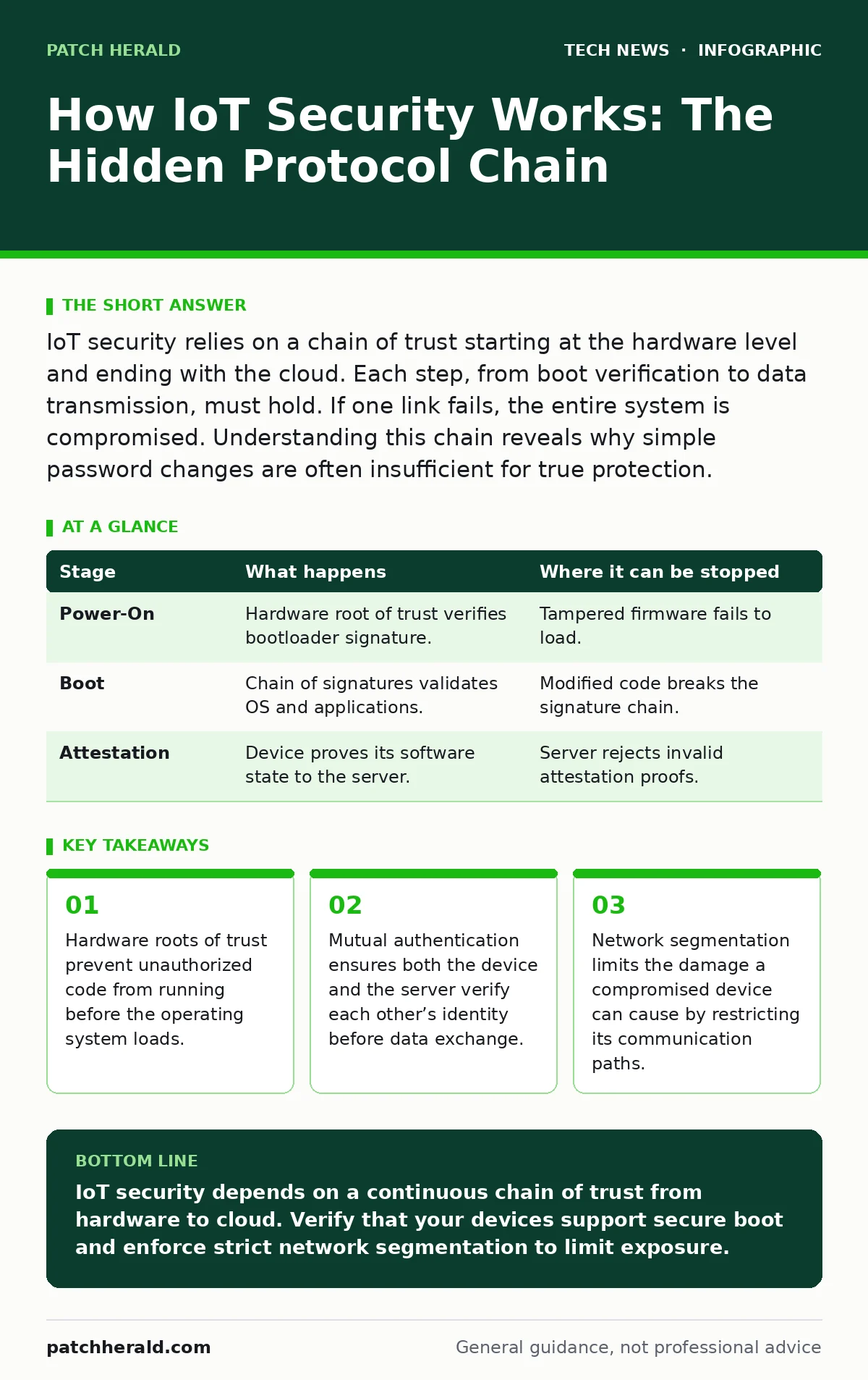 Infographic: How IoT Security Works: The Hidden Protocol Chain. Hardware roots of trust prevent unauthorized code from running before the operating system loads. Mutual authentication ensures both the device and the server verify each other’s identity before data exchange. Network segmentation limit