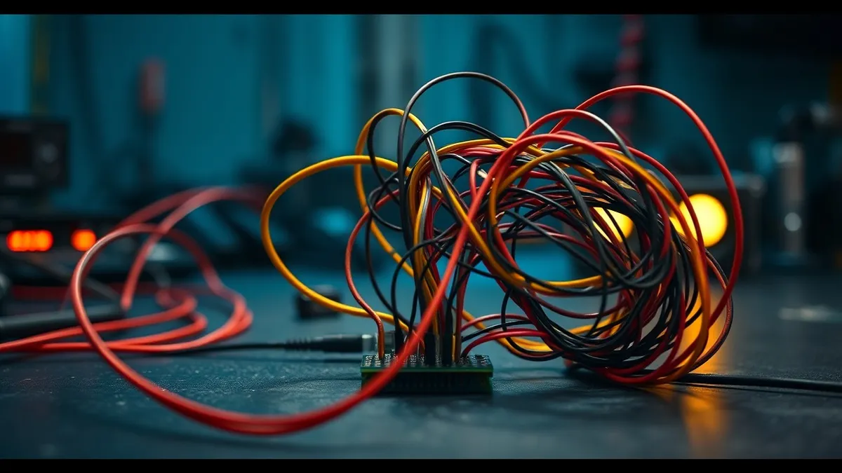 Illustration: A tangled knot of colorful wires connects to a small sensor module on a workbench.